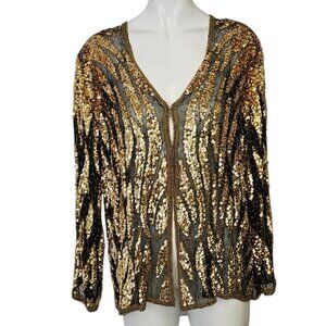 Princess Collection Vintage Fully Sequined, Beaded, Sheer Cardigan, Gold, XL
